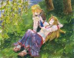 cuffs embarrassed grass green_eyes horn horns hoshiguma_yuugi leaf leaves long_skirt lying mizuhashi_parsee nature open_mouth red_eyes sandals shiroaisa short_hair short_sleeves sitting skirt smile touching touhou traditional_media tree watercolor_(medium) wince