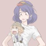  blonde_hair dokonjou_gaeru eyes hairband hat moriya_suwako parody purple_hair red_eyes shirt short_hair touhou yasaka_kanako yellow_eyes 