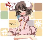  animal_ears bad_id barefoot blush brown_eyes brown_hair bunny_ears carrot character_name dress fang hikobae inaba_tewi jewelry necklace rabbit_ears short_hair solo tears touhou 