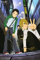  bag black_hair blonde_hair blue_eyes casual city cloud clouds coat durarara!! highres kida_masaomi official_art orihara_izaya ryuugamine_mikado short_hair sky smile v yellow_eyes 