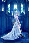  bad_id bare_shoulders blonde_hair boots church closed_eyes dress gloves gothic_architecture high_heels highres long_hair looking_back original ponytail shoes solo staff thigh-highs thighhighs weapon wedding_dress 