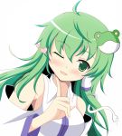  bare_shoulders blush breasts detached_sleeves frog green_eyes green_hair hair_ornament heart kochiya_sanae open_mouth rin_(ateria) snake touhou wink 