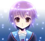  brown_eyes cardigan nagato_yuki nagato_yuki_(shoushitsu) purple_hair school_uniform short_hair snow suzumiya_haruhi_no_shoushitsu suzumiya_haruhi_no_yuuutsu 