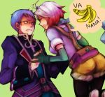  1girl 9wa bad_id banana blue_hair engrish food fruit glasses gradient_hair green_background hubert_ozwell multicolored_hair pascal ranguage red_hair redhead spoken_food tales_of_(series) tales_of_graces two-tone_hair white_hair 