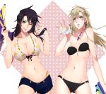  2girls bikini_top black_hair blonde_hair blue_eyes breasts bubble_blowing caesar_anthonio_zeppeli cleavage denim denim_shorts genderswap green_eyes hair_ornament hairband hairclip jojo_no_kimyou_na_bouken joseph_joestar_(young) large_breasts long_hair multiple_girls short_shorts shorts u_rei_3 water_gun wink 