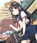  1girl :o basket bicycle black_eyes black_hair cat long_hair original pleated_skirt sack school_uniform skirt ssberit 