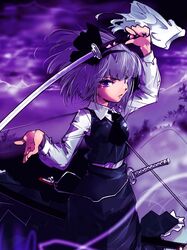  fighting_stance konpaku_youmu konpaku_youmu_(ghost) kuruwa_(artist) serious short_hair silver_hair solo storm sword teoshiguruma touhou weapon 