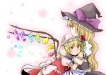  blonde_hair braid chin_rest crystal dress flandre_scarlet hand_on_head hat head_rest hug kirisame_marisa red_eyes ribbon shindo side_ponytail smile touhou wings witch_hat wrist_cuffs yellow_eyes 