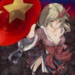  arcadia090 bad_id blonde_hair breasts chart cleavage cuffs foreshortening highres horn horns hoshiguma_yuugi large_breasts long_hair red_eyes solo touhou 