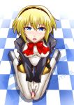  android blonde_hair blue_eyes blush bow chocolate from_above hairband kneeling open_mouth persona persona_3 ribbon segami_daisuke short_hair solo valentine 