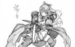  1girl bow breasts character_name cleavage dress granblue_fantasy greyscale hair_bow holding holding_sword holding_weapon long_hair monochrome niku-name ponytail simple_background smile solo sword vila weapon white_background 
