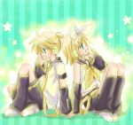  brother_and_sister detached_sleeves hair_ribbon hand_holding holding_hands kagamine_len kagamine_rin mitou_kana mitoukana ribbon short_hair siblings twins vocaloid 