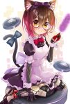  1girl absurdres alternate_costume android animal_ears apron black_dress blush bow brown_eyes brown_hair cat_ears chocomarybadend dress duster enmaided glasses gradient_hair hair_bow highres holding_duster hololive kemonomimi_mode maid maid_apron mechanical_arms mechanical_legs multicolored_hair pink_hair purple_bow red_bow roboco-san roomba round_eyewear science_fiction short_hair sitting solo virtual_youtuber wariza wrist_cuffs 