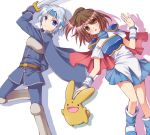  1boy 1girl arle_nadja armor armored_dress blue_eyes blush boots brown_eyes brown_hair cape capelet carbuncle_(puyopuyo) creature half_updo mystmu pants puyopuyo schezo short_hair skirt sword weapon white_background white_hair 