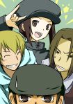  \m/ brown_eyes brown_hair closed_eyes durarara!! grin harima_mika hat kadota_kyouhei karisawa_erika m/ smile sweat togusa_saburou yumasaki_walker 