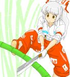  bamboo bamboo_forest blade cleaver cutting forest fujiwara_no_mokou gloves masukishi nature sleeves_rolled_up solo touhou towel white_gloves 