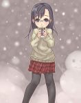  can glasses long_hair pantyhose plaid plaid_skirt skirt snow snowman sweater tartan tsukusun 