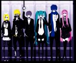  aqua_hair bag bespectacled blonde_hair blue_hair book bungaku_shounen_no_yuuutsu_(vocaloid) death_note_(object) glasses hatsune_miku kagamine_len kagamine_rin kaito lineup megurine_luka pink_hair reading scarf school_uniform skirt smile thighhighs train train_interior twintails uni_(nacchan) uni_(pixiv985939) vocaloid zettai_ryouiki 