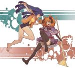  barefoot blue_hair bowtie eva_beatrice feet flower furudo_erika hair_ornament legs life_vest niso one-piece_swimsuit orange_hair school_swimsuit staff swimsuit thigh-highs thighhighs twintails umineko_no_naku_koro_ni 