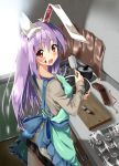 apron blush bunny_ears chocolate chocolate_making cooking from_above long_hair piromizu purple_hair rabbit_ears red_eyes reisen_udongein_inaba surprise surprised touhou valentine 