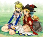  2girls bad_id blonde_hair blue_eyes detached_sleeves diana elbow_gloves fantasy gloves hat kneeling multiple_girls myriam romancing_saga ryman saga wink 