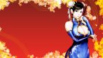  black_eyes black_hair breasts bridal_gauntlets bun_cover china_dress chinese_clothes chun-li cleavage cleavage_cutout curvy detached_sleeves double_bun earrings eyeshadow fan fingernails highres huge_breasts jewelry lips lipstick nails side_slit solo street_fighter usatarou wallpaper 