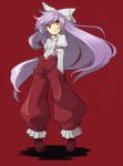  blurry face fujiwara_no_mokou hair_bow hands_in_pockets lastswallow long_hair no_nose purple_hair red_eyes simple_background suspenders touhou very_long_hair 
