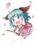  animal_ears bamboo_broom blush broom cherry_blossoms dress fang green_eyes green_hair hand_to_mouth kasodani_kyouko kurotama_(avino) looking_at_viewer open_mouth perspective petals pink_dress solo standing touhou 