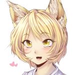 :3 animal_ears blonde_hair blush bust close-up face fangs fox_ears geppewi heart no_hat no_headwear open_mouth short_hair simple_background sinker_(pixiv) slit_pupils smile solo touhou yakumo_ran yellow_eyes 