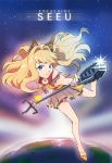 :3 animal_ears bare_shoulders blonde_hair blue_eyes long_hair microphone microphone_stand seeu shoes skirt solo space vocaloid yeonji 