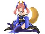  animal_ears bare_shoulders blue_legwear breasts caster_(fate/extra) cleavage detached_sleeves fate/extra fate/stay_night fate_(series) fox_ears fox_tail japanese_clothes pink_hair s-ei simple_background sitting solo tail thigh-highs thighhighs twintails wariza white_background yellow_eyes 