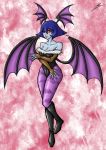  1girl bare_shoulders bat_print bat_wings blue_hair blue_skin blush borockman breasts bridal_gauntlets cleavage cosplay embarrassed head_wings jiangshi large_breasts lei_lei leotard morrigan_aensland morrigan_aensland_(cosplay) pantyhose print_pantyhose red_eyes short_hair solo vampire_(game) wings 