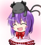 ^_^ animal_ears animal_on_head blush_stickers bow cat cat_ears cat_on_head chibi closed_eyes ear_ribbon eyes_closed frills ichimi kaenbyou_rin kaenbyou_rin_(cat) multiple_tails nagae_iku no_hat no_headwear open_mouth purple_eyes ribbon smile tail touhou violet_eyes