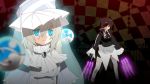  2girls black_hair blue_eyes brooch checkered checkered_background claws eyepatch grin hat jewelry kure_kirika kuro_chairo_no_neko long_hair long_sleeves magical_girl mahou_shoujo_madoka_magica mahou_shoujo_oriko_magica mikuni_oriko multiple_girls orbs short_hair sleeves_past_wrists smile thighhighs veil weapon white_hair white_legwear yellow_eyes 