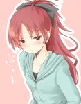  :| annoyed blush bow bust collarbone face flat_chest hair_bow hair_ornament hoodie long_hair looking_at_viewer mahou_shoujo_madoka_magica ponytail pout red_eyes red_hair redhead sad sakura_kyouko simple_background solo tatsuno_ryou translated 