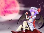  ascot bat bat_wings dress food fruit full_moon hat hatsuka_(exsilver) holding holding_apple holding_fruit moon night purple_hair red_eyes red_moon remilia_scarlet short_hair sitting smirk too_many_bats touhou wings 