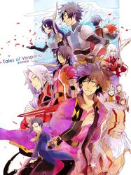  6+boys adecor alexei_(tales_of_vesperia) alexei_dinoia armor beard black_hair blue_hair boccos bow_(weapon) brown_hair casey_(tov) damuron_atomaisu don_whitehorse duke_pantarei facial_hair gloves green_eyes grin helmet koku_666 leblanc_(tov) long_hair male multiple_boys mustache petals raven raven_(tov) schwann_oltorain short_hair smile spoilers surcoat sword tales_of_(series) tales_of_vesperia tattoo uniform weapon white_hair wings yeager 