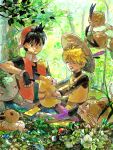  1boy 1girl androgynous backwards_hat black_hair blonde_hair closed_eyes dodrio eevee flower forest hat holding ivysaur k-mica nature pika_(pokemon) pikachu poke_ball pokemon pokemon_(creature) pokemon_special raticate red_(pokemon) reverse_trap smile straw_hat tegaki tomboy yellow_(pokemon) 