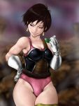  1girl bad_id bare_shoulders black_hair blue_eyes curvy dragon_ball dragon_ball_z dragonball_z earrings gloves hand_on_hip highres hips jewelry leotard looking_away monkey_tail naughty_face nix_(ak-style) nixdirushi outdoors realistic scouter seripa seripa_(drago_ball_z) short_hair smile solo standing tail teeth thick_thighs thighs 