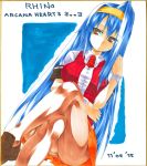  arcana_heart bare_legs blue_hair breasts brown_eyes brown_legwear crossed_legs dated dress dutch_angle hairband highres legs legs_crossed long_hair necktie orange_dress pantyhose shikishi simple_background sitting solo title_drop torimaru traditional_media tsuzura_saki upskirt very_long_hair 