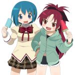  blue_eyes blue_hair bow bowtie denim_shorts fang fangs hair_ornament hand_on_hip jacket kuro_chairo_no_neko leaning long_hair long_sleeves mahou_shoujo_madoka_magica miki_sayaka multiple_girls open_mouth ponytail popsicle red_eyes red_hair sakura_kyouko school_uniform short_hair shorts skirt smile suika_bar transparent_background watermelon zipper 