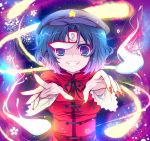  beret blue_eyes blue_hair fangs fingernails ghost grin hat jiangshi long_fingernails looking_at_viewer miyako_yoshika nail_polish ofuda outstretched_arms shino_(mijinko) shirt short_hair slit_pupils smile solo star touhou zombie_pose 