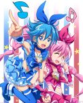  alternate_color armpits blue_eyes blue_hair blue_legwear bow brooch choker closed_eyes cosplay cure_melody cure_melody_(cosplay) earrings eyes_closed hair_ribbon hairband hand_holding heart holding_hands houjou_hibiki jewelry long_hair maeashi magical_girl midriff multiple_girls musical_note nishijima_waon pink_hair pointing precure ribbon smile star suite_precure thigh-highs thighhighs twintails what_if 