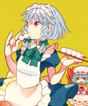  apron ascot blue_dress blue_hair braid crossed_arms dango dress eating face food grey_eyes hagiko hair_ribbon hands hat izayoi_sakuya maid multiple_girls open_mouth pink_dress plate red_eyes remilia_scarlet ribbon silver_hair touhou twin_braids wagashi wrist_cuffs wrist_ribbon 