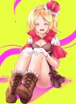 ^_^ blonde_hair blush boots breasts capelet cleavage closed_eyes creator eyes_closed gloves hairband mini_crown open_mouth ragnarok_online short_hair sitting smile solo soraishinya 