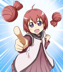  ahoge akaza_akari clenched_hand double_bun fist foreshortening goriate hair_bun open_mouth pointing purple_eyes red_hair redhead school_uniform serafuku smile solo violet_eyes yuru_yuri 