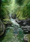  blue_hair cirno dress dress_lift forest highres ichimi_tougarashi moss nature river rock touhou tree wading water 