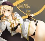  beret black_bra black_panties blonde_hair bra breasts detached_sleeves drill_hair fingerless_gloves gloves hair_ornament hat kazeru lace lace_bra lace_panties large_breasts lingerie magical_girl mahou_shoujo_madoka_magica no_pants on_side open_clothes open_shirt panties ribbon shirt side-tie_panties smile solo tomoe_mami underwear 