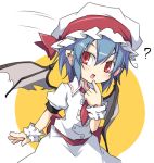  1girl ? bat_wings blue_hair dress fang hat hat_ribbon looking_at_viewer necktie noya_makoto open_mouth pointing pointing_at_self pointy_ears red_eyes remilia_scarlet ribbon sash smile solo touhou white_dress wings wrist_cuffs 