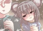  blush check_translation close-up commentary drink drunk faceless faceless_male gaoo_(frpjx283) glass grey_hair head_out_of_frame male mouse_ears nazrin red_eyes shirt short_hair sweatdrop touhou translated 